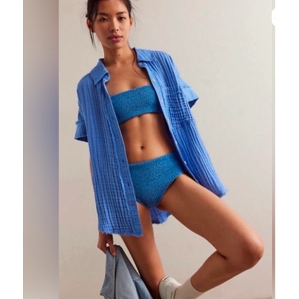 Free People We The Free Heat Waves Gauze Button Up Tunic Top Cornflower Blue XS‎